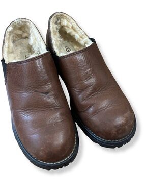 UGG Australia Leather Shearling Slip On Clogs Brown Women’s US 7 EU 38 Comfort